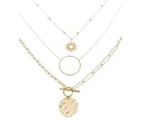 Paloma Bijoux Collier multirangs en acier chirurgical inoxydable avec motif soleil et plaque martelée - 3 rangs de chaines en cascade (Acier 316L doré)
