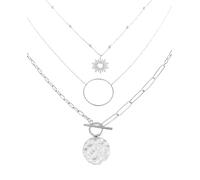 Paloma Bijoux Collier multirangs en acier chirurgical inoxydable avec motif soleil et plaque martelée - 3 rangs de chaines en cascade (Acier 316L)