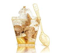 PALUDO 50 Pièces Mini Tasses à Dessert avec Cuillères, 2oz/60 ml Réutilisable Bols à Dessert en Plastique avec Paillettes Dorées, Coupes à Dessert Carrés pour Aperitif Mousse Pudding Desserts