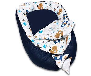 PaLulli 5 Parties Ensemble nid d'ange INCL. Nid bébé 90x50 Insert Amovible, Couverture Doudou, Oreiller Cervical, Oreiller Plat pour bébé, 100% Coton Oeko TEX (Ours Bleu foncé)