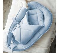 PaLulli® Ensemble 2-en-1 Réducteur de Lit Bébé et Couverture d’Emmaillotage avec Nœud - Cocon Nouveau-né en Mousseline 100% Coton Certifié Oeko-TEX® pour Sommeil Sécurisé et Voyage (Bleu)