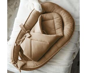 PaLulli® Ensemble 2-en-1 Réducteur de Lit Bébé et Couverture d’Emmaillotage avec Nœud - Cocon Nouveau-né en Mousseline 100% Coton Certifié Oeko-TEX® pour Sommeil Sécurisé et Voyage (Marron)