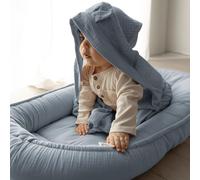 PaLulli® Tour de lit en Mousseline 2 côtés avec Chiffon d'emmaillotage, Mousseline Respirante - Serviette avec Capuche et Oreilles Cousues - 100% Mousseline Öko-Tex (Bleu)