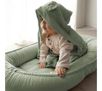 PaLulli® Tour de lit en Mousseline 2 côtés avec Chiffon d'emmaillotage, Mousseline Respirante - Serviette avec Capuche et Oreilles Cousues - 100% Mousseline Öko-Tex (Vert Sauge)