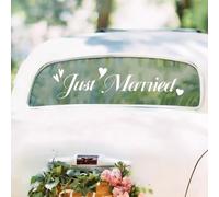PALUMMA Autocollant de voiture blanc Just Married, fenêtre imperméable avec conception de cœur, décor autocollant amovible pour mariage de l'église, anniversaire et lune de miel
