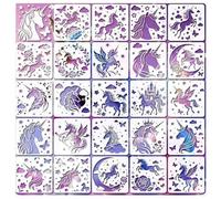 PALUMMA Lot de 24 pochoirs licorne pour peinture, dessin, loisirs créatifs, conte de fées, modèles creux réutilisables en plastique pour la maison et les vacances, adaptés pour meubles, bois, toile