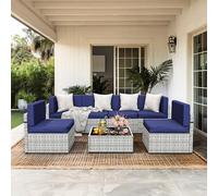 Pamapic Ensemble de Meubles sectionnels d'extérieur 7 pièces, canapé de terrasse en Osier résistant aux intempéries avec Coussins lavables, Ensemble de Conversation en rotin imperméable Gris pour