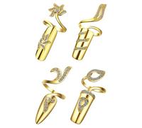 PAMINGONO Anneaux à Ongles Réglables 4pcs en Alliage Doré Strass, Design Unique Créatif Ouverture Ajustable, Accessoires pour Usage Quotidien et Anniversaire