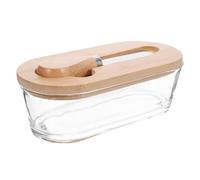 PAMINGONO Beurrier Verre avec Couvercle et Couteau Boîte de Rangement Hermétique Plateau Large pour Beurre et Fromage Support Bois et Inoxydable pour Cuisine Moderne