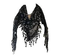 Pamper Yourself Now Noir avec des Paillettes Dentelle Blanche Fleur écharpe. Foulard Triangle avec Bordure en Dentelle. - Black with White Glittery Flower Lace Triangle Scarf with Lace Trim.