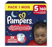 Pampers Night Pants, Taille 5, 160 Couches-Culottes, 11-17kg, Maintien 360° Contre Les Fuites Avec Un Cœur Super Absorbant Pour Une Protection Renforcée Toute La Nuit, Pack 1 Mois