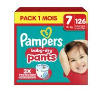 Pampers Baby-Dry Pants, Taille 7, 126 Couches-Culottes, 17kg+, Maintien 360° Contre Les Fuites Avec Une Poche Stop & Protect Pour Une Nuit Jusqu'à 100% Sans Fuites, Pack 1 Mois