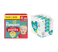 Pampers Baby-Dry Pants, Taille 4, 180 Couches-Culottes, 9-15kg, Pack 1 Mois + Pampers Sensitive, 1200 Lingettes pour Bébé (15x80), Sans Alcool ni Parfum, Certifié OEKO-TEX