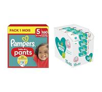 Pampers Baby-Dry Pants, Taille 5, 160 Couches-Culottes, 12-17kg, Pack 1 Mois + Pampers Sensitive, 1200 Lingettes pour Bébé (15x80), Sans Alcool ni Parfum, Certifié OEKO-TEX