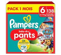 Pampers Baby-Dry Pants, Taille 6, 138 Couches-Culottes, 14-19kg, Maintien 360° et Poche Stop & Protect à La Rescousse Contre Les Fuites, Edition Limitée avec La Pat’Patrouille, Pack 1 Mois