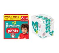 Pampers Baby-Dry Pants, Taille 6, 138 Couches-Culottes, 14-19kg, Pack 1 Mois + Pampers Sensitive, 1200 Lingettes pour Bébé (15x80), Sans Alcool ni Parfum, Certifié OEKO-TEX