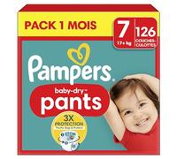 Pampers Baby-Dry Pants, Taille 7, 126 Couches-Culottes, 17kg+, Maintien 360° Contre Les Fuites Avec Une Poche Stop & Protect Pour Une Nuit Jusqu'à 100% Sans Fuites, Pack 1 Mois