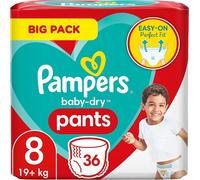 Pampers Baby Dry Pants Taille 8, 36 pièces, 19 kg, facile à enfiler avec ajustement idéal.