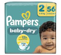 Pampers Baby-Dry Taille 2, 56 Couches, 4kg-8kg, Une Nuit Confortable Jusqu’À 100% Sans Fuites