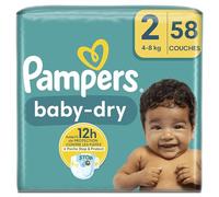 Pampers Baby-Dry, Taille 2, 58 Couches, 4-8kg, Une nuit jusqu'à 100% sans fuites avec la Poche Stop & Protect à l’arrière de la couche