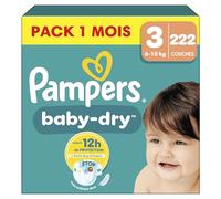 Pampers Baby-Dry, Taille 3, 222 Couches, 6-10kg, Une nuit jusqu'à 100% sans fuites avec la Poche Stop & Protect à l’arrière de la couche, Pack 1 Mois