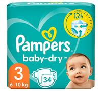 Pampers Baby-Dry Taille 3, 34 couches, jusqu'à 12 heures de protection complète contre les fuites, 6 kg à 10 kg