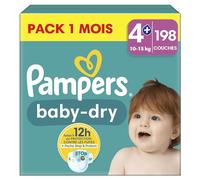 Pampers Baby-Dry, Taille 4+, 198 Couches, 10-15kg, Extra Absorption, Une nuit jusqu'à 100% sans fuites avec la Poche Stop & Protect à l’arrière de la couche, Pack 1 Mois