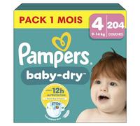 Pampers Baby-Dry, Taille 4, 204 Couches, 9-14kg, Une nuit jusqu'à 100% sans fuites avec la Poche Stop & Protect à l’arrière de la couche, Pack 1 Mois