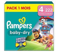 Pampers Baby-Dry, Taille 4, 222 Couches, 9-14kg, A La Rescousse Contre Les Fuites Grâce A Une Protection Intégrale Jusqu'à 12h, Edition Limitée avec La Pat’Patrouille, Pack 1 Mois