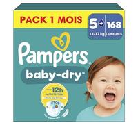 Pampers Baby-Dry, Taille 5+, 168 Couches, 12-17kg, Extra Absorption, Une nuit jusqu'à 100% sans fuites avec la Poche Stop & Protect à l’arrière de la couche, Pack 1 Mois