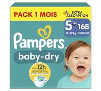 Pampers Baby-Dry, Taille 5+, 168 Couches, 12-17kg, Extra Absorption, Une nuit jusqu'à 100% sans fuites avec la Poche Stop & Protect à l’arrière de la couche, Pack 1 Mois