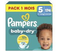 Pampers Baby-Dry, Taille 5, 174 Couches, 11-16kg, Une nuit jusqu'à 100% sans fuites avec la Poche Stop & Protect à l’arrière de la couche, Pack 1 Mois