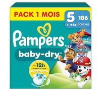 Pampers Baby-Dry, Taille 5, 186 Couches, 11-16kg, A La Rescousse Contre Les Fuites Grâce A Une Protection Intégrale Jusqu'à 12h, Edition Limitée avec La Pat’Patrouille, Pack 1 Mois