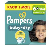 Pampers Baby-Dry, Taille 6+, 144 Couches, 14-19kg,Extra Absorption, Une nuit jusqu'à 100% sans fuites avec la Poche Stop & Protect à l’arrière de la couche, Pack 1 Mois