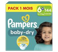 Pampers Baby-Dry, Taille 6+, 144 Couches, 14-19kg,Extra Absorption, Une nuit jusqu'à 100% sans fuites avec la Poche Stop & Protect à l’arrière de la couche, Pack 1 Mois
