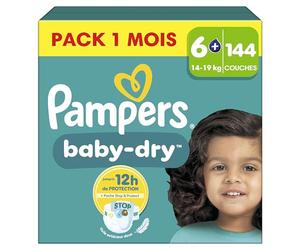 Pampers Baby-Dry, Taille 6+, 144 Couches, 14-19kg,Extra Absorption, Une nuit jusqu'à 100% sans fuites avec la Poche Stop & Protect à l’arrière de la couche, Pack 1 Mois
