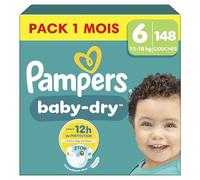 Pampers Baby-Dry, Taille 6, 148 Couches, 13-18kg, Une nuit jusqu'à 100% sans fuites avec la Poche Stop & Protect à l’arrière de la couche, Pack 1 Mois