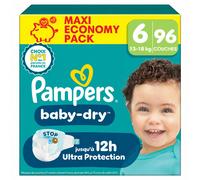 Pampers Baby-Dry, Taille 6, 96 Couches, 13-18kg, Une nuit jusqu'à 100% sans fuites avec la Poche Stop & Protect à l’arrière de la couche