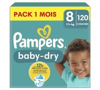 Pampers Baby-Dry, Taille 8, 120 Couches, 17kg+, Une Nuit Jusqu’À 100% Sans Fuites, Pack 1 Mois