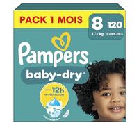 Pampers Couches Baby-Dry Taille 8 (17kg+) 120 couches – Pack 1 mois, 100% sans fuites la nuit