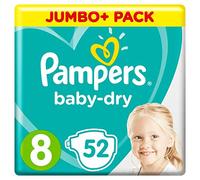 Pampers Baby-Dry Taille 8, 52 couches, 17 + kg, Jumbo+ Pack, canaux d'aération pour rester au sec pendant la nuit
