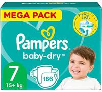 Pampers Couches Baby-Dry Taille 7 (15+ kg), 186 Couches Bébé, Méga Pack 1 Mois, Jusqu'à 12h Bien Au Sec et Avec Double-Barrière Anti-Fuites, Maintenant avec Plus de Couches