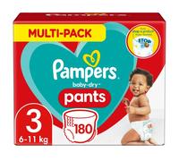 Pampers Couches-Culottes Taille 3 (6-11 kg), Baby-Dry, 180 Couches-Culottes Bébé, Pack 1 Mois, Maintien 360° pour Éviter les Fuites, Faciles à Changer