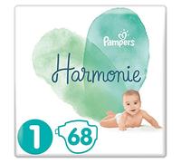Pampers Couches Harmonie Taille 1 (2-5kg) 0% de compromis, 100% d'absorption, Ingrédients d'origine végétale, Hypoallergéniques, 68 Couches