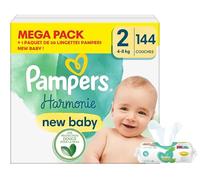 Pampers Couches Harmonie Taille 2 (4-8 kg), 144 Couches Bébé, Méga Pack + 1 Paquet De Lingettes New Baby, 100% d'absorption Pampers, Hypoallergéniques