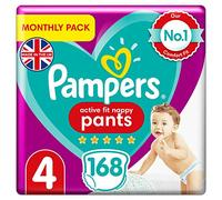Pampers Couches pour bébé taille 4 (9-15 kg/20-39 lb), Active Fit, 168 couches, pack d'économies mensuelles, ajustement fiable et confortable pour votre enfant sauvage