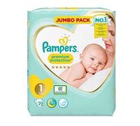 Pampers Couches Premium Protection Taille 1 (2-5 kg) notre N°1 pour la protection des peaux sensibles, Aide à protéger le ventre délicat de votre nouveau-né, 72 Couches