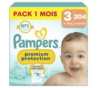 Pampers Couches Premium Protection Taille 3 (6-10 kg), 204 Couches Bébé, Pack 1 Mois, Notre N°1 Pour La Protection Des Peaux Sensibles
