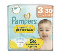 Pampers Couches Premium Protection Taille 3, 6-10 kg, 30 Couches Bébé, Notre N°1 Pour La Protection De La Peau Et Contre Les Fuites