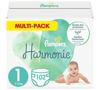 Pampers Couches Taille 1 (2-5 kg), Harmonie, 102 Couches Bébé, Pack 1 Mois, 0% de compromis, 100% d'absorption, Ingrédients d'origine végétale, Hypoallergéniques, L'emballage peut varier